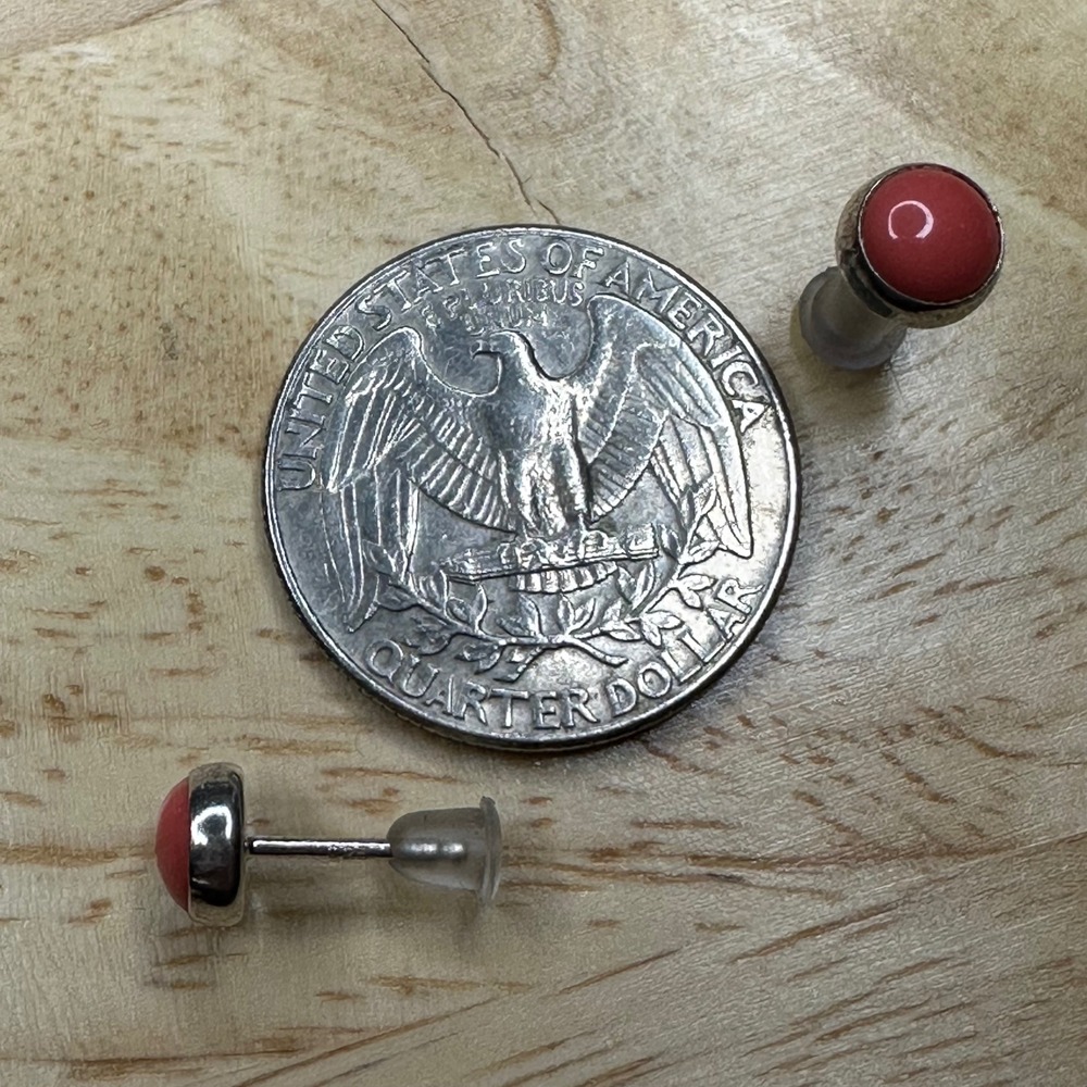 Sterling Silver Bezel Set Red Coral Stud Earrings 925 Gemstone - Picture 5 of 5
